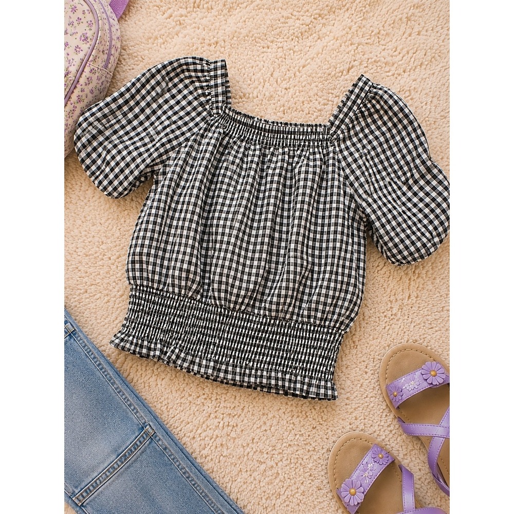 Art Class Girls Gingham Puff Sleeve Smocked Top Black White Large 10/12 Cottage